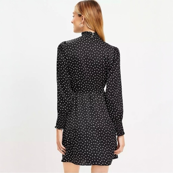LOFT Dotted Smocked Mini Flare Dress Size 0 Petite Black Lined NEW - Picture 2 of 15